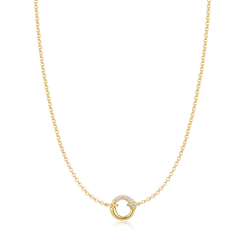 14K Gold-Plated CZ Pave & Polish Hoop Necklace