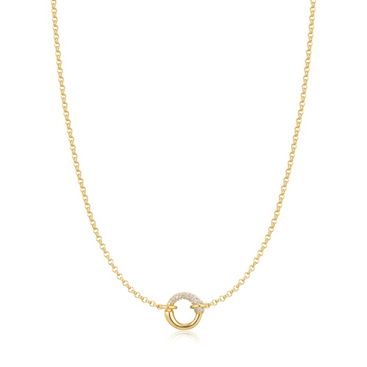 14K Gold-Plated CZ Pave & Polish Hoop Necklace