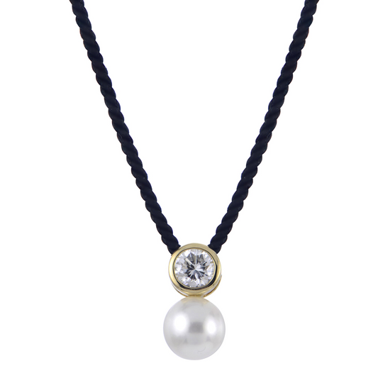 14K Lab Grown Diamond & Freshwater Pearl Black Cord Pendant