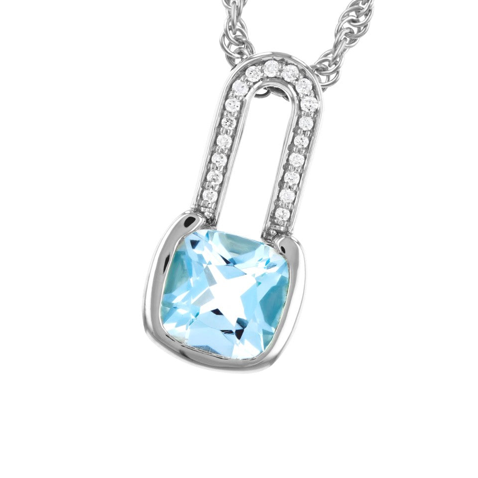 14K Cushion Blue Topaz Half-Paperclip Drop Pendant