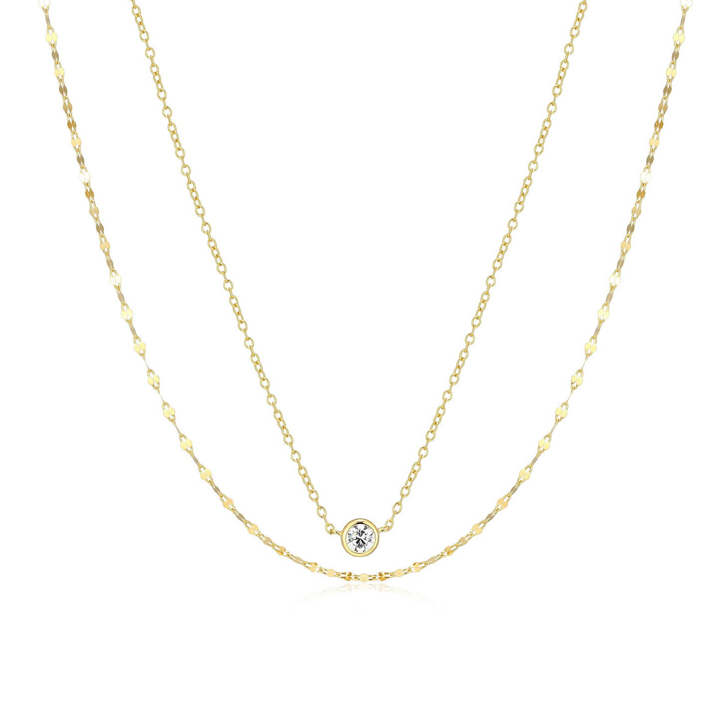 14K Gold Plated Bezel Lab Grown Diamond Double Chain Necklace
