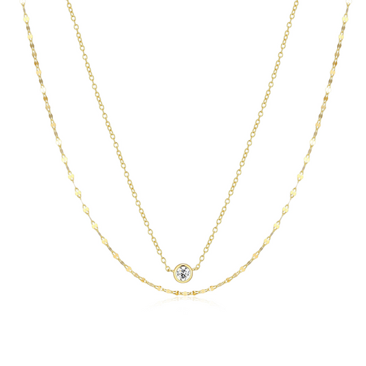14K Gold Plated Bezel Lab Grown Diamond Double Chain Necklace