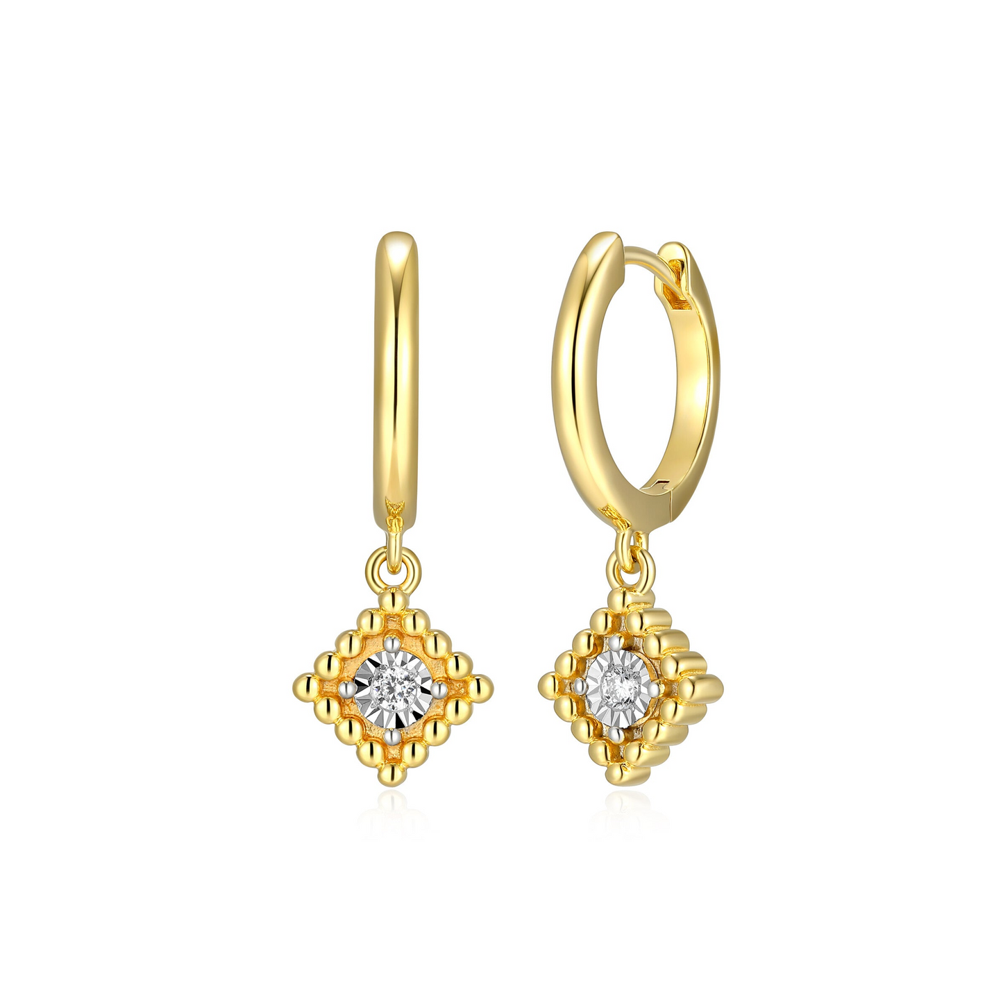 14K Gold-Plated Beaded Square Halo Lab Grown Diamond Hoop Earrings