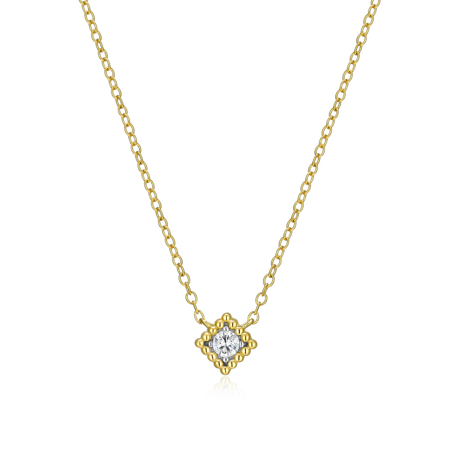 Sterling Silver Beaded Square Halo Lab Grown Diamond Necklace
