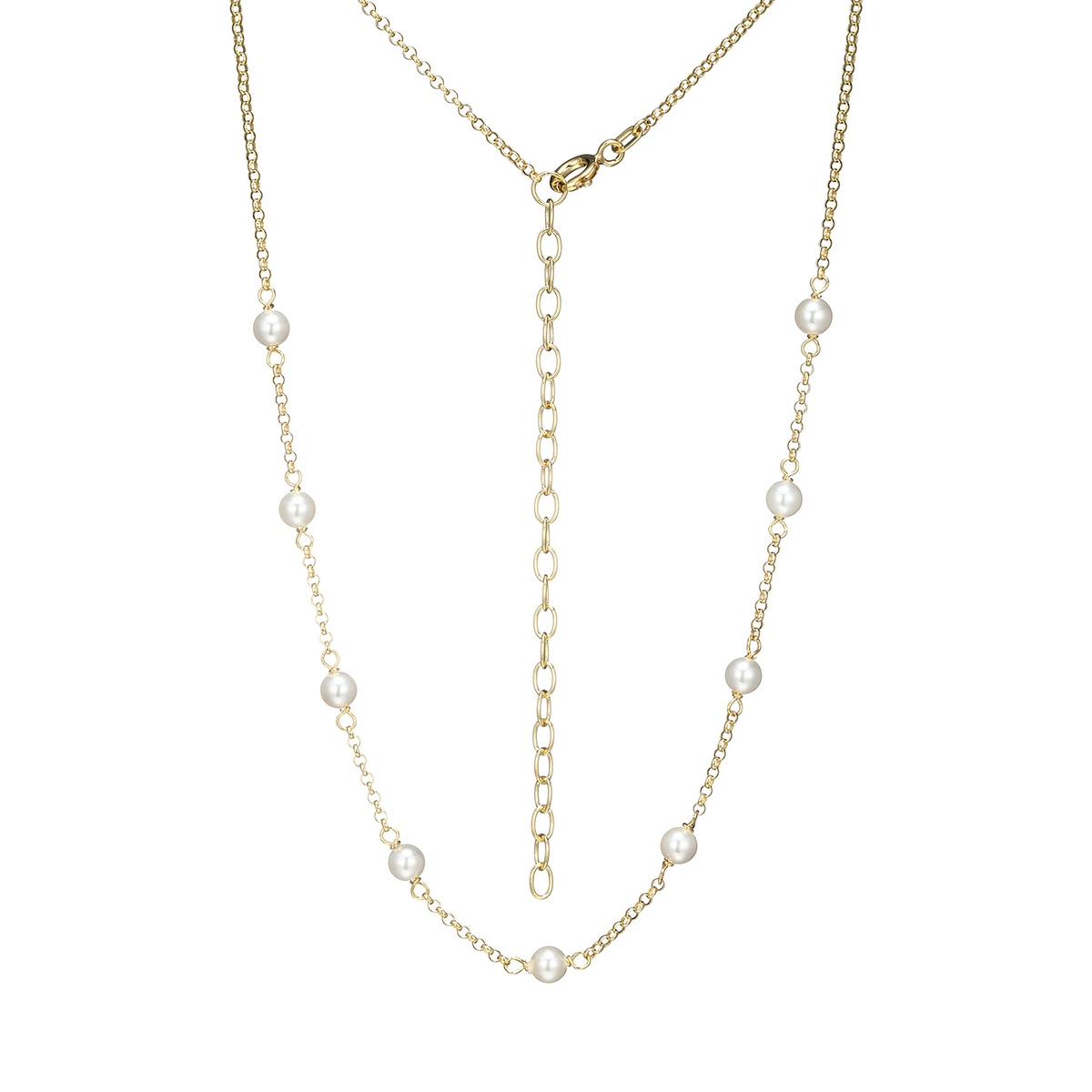 14K Gold Plated Shell Pearl Station Rolo Chain Necklace