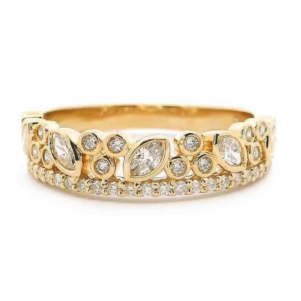 14K Bezel Marquise & Round Trio Diamond Double Row Fashion Ring