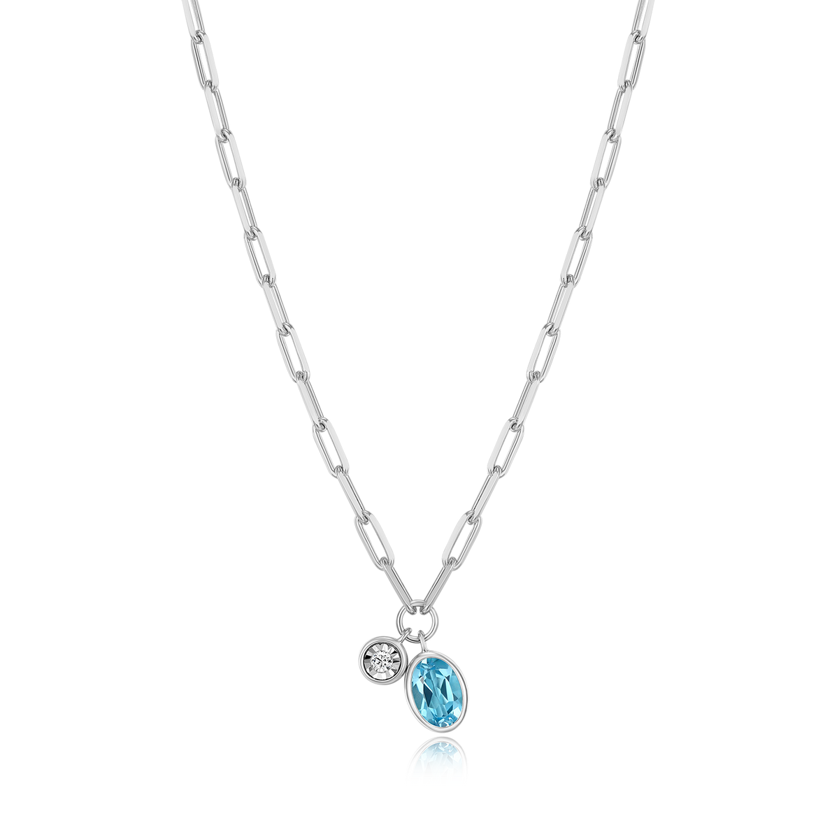Sterling Silver Blue Topaz & Diamond Mini Paperclip Charm Necklace