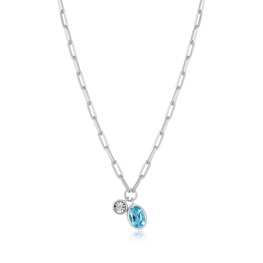 Sterling Silver Blue Topaz & Diamond Mini Paperclip Charm Necklace