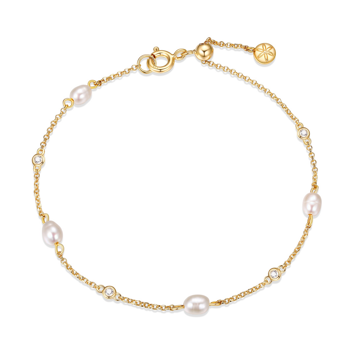 18K Gold Plated CZ & Pearl Station Bracelet