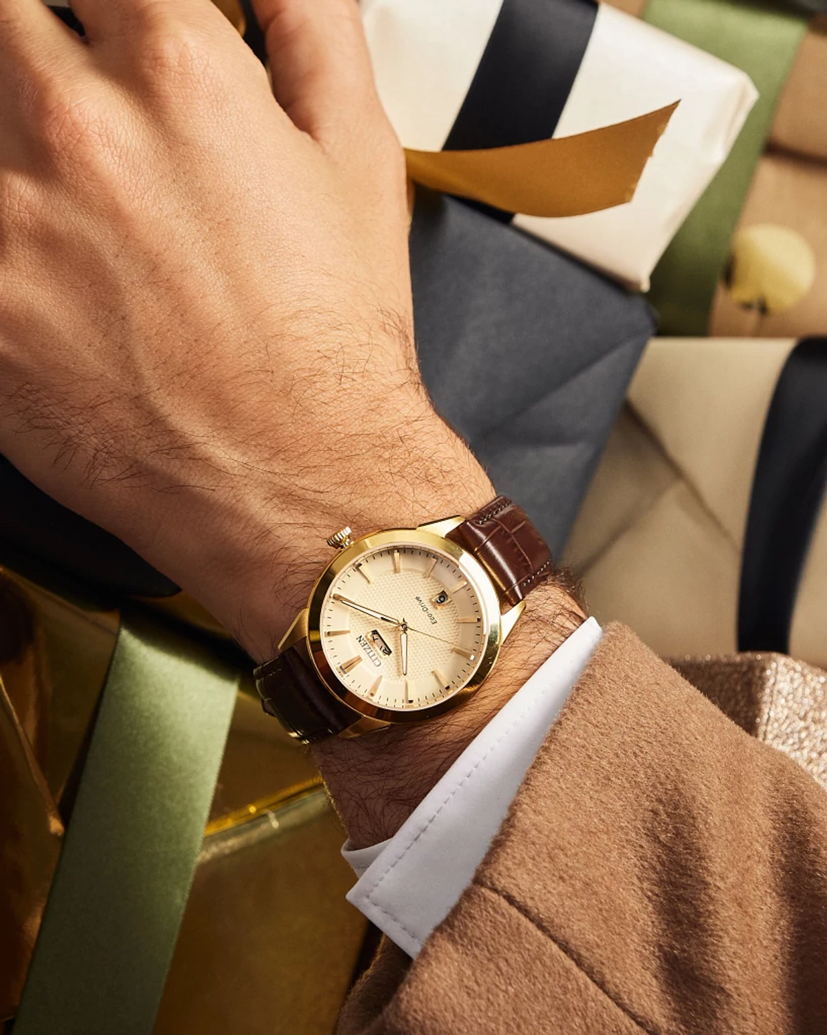 Citizen Eco-Drive Rolan Champagne Gold & Brown Leather Watch