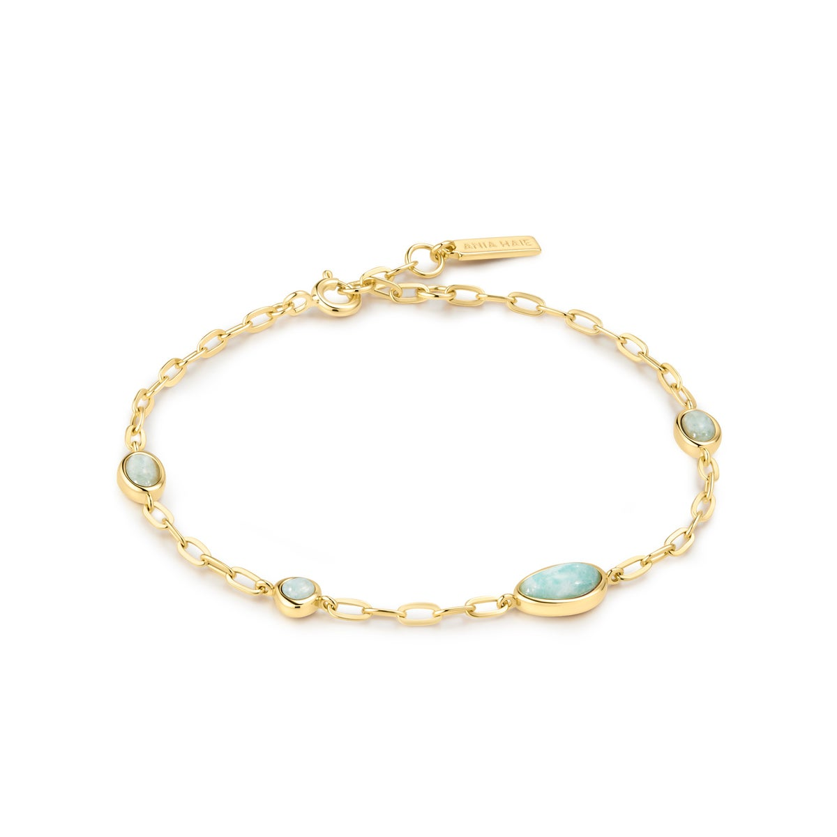 Gold-Plated Bezel Amazonite Organic Dome Pebble Station Bracelet
