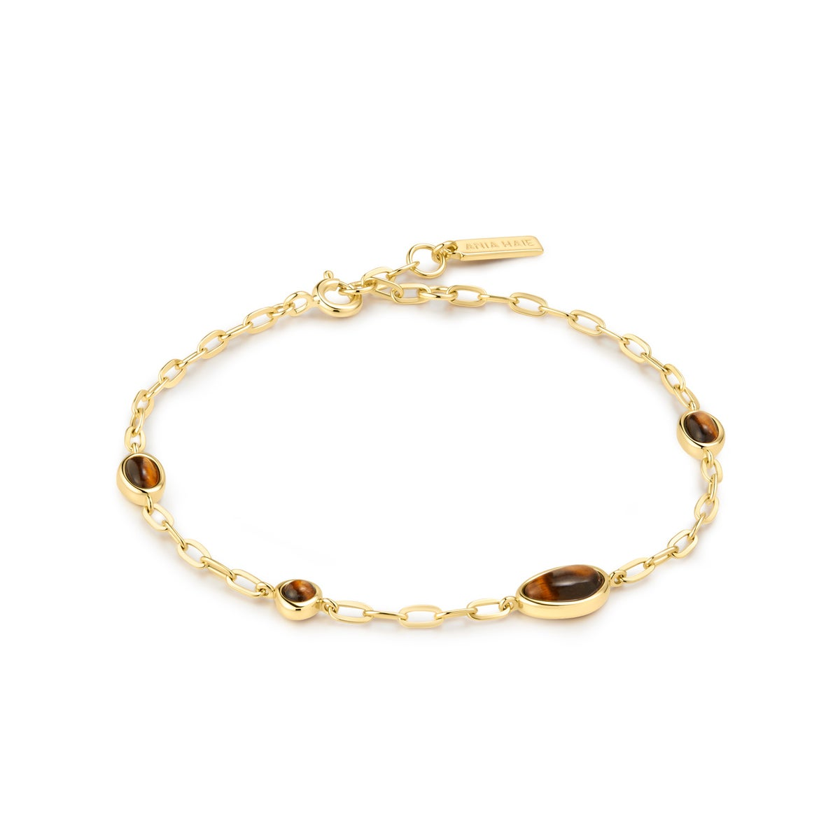 14K Gold Plated Bezel Tiger's Eye Pebble Station Bracelet