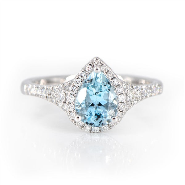 14K Aquamarine Pear Halo Fashion Ring
