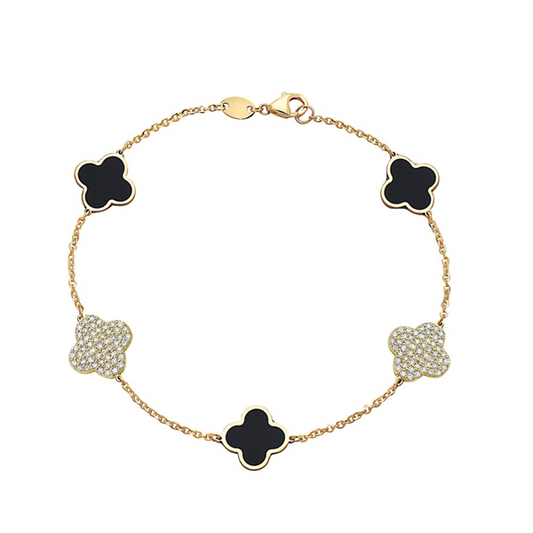 14K Black Onyx & Diamond Pave Clover Station Bracelet