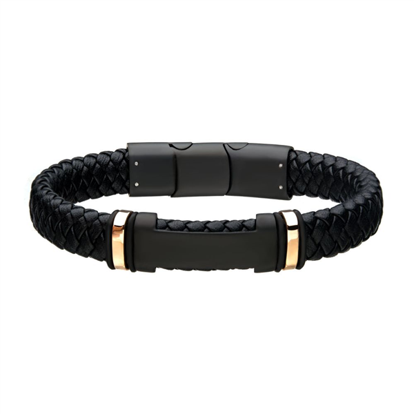 Black Leather with Rose Gold IP ID Bracelet