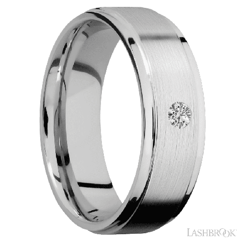 7 mm wide/Flat Grooved Edges/14K White Gold band with an arrangement of 1, .1 carat Round Diamond stones in a Flush setting.