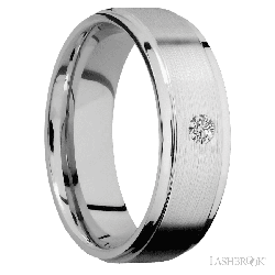 7 mm wide/Flat Grooved Edges/14K White Gold band with an arrangement of 1, .1 carat Round Diamond stones in a Flush setting.