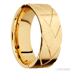 8 mm wide/Flat/14K Yellow Gold band with a machined Flatbraid pattern.