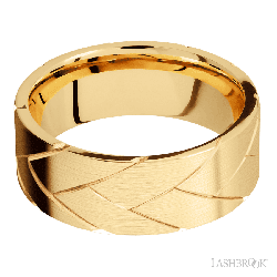 8 mm wide/Flat/14K Yellow Gold band with a machined Flatbraid pattern.