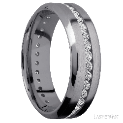 7 mm wide/High Bevel/Tantalum band with an Eternity arrangement of .03 carat Round Lab Grown Diamond stones in a Channel setting.