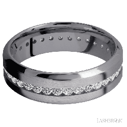 7 mm wide/High Bevel/Tantalum band with an Eternity arrangement of .03 carat Round Lab Grown Diamond stones in a Channel setting.