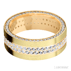8 mm wide/Flat/14K Yellow Gold band with a Side Eternity arrangement of .01 carat Round Diamond stones in a Bead Channel setting and featuring a a 2 Row Eternity arrangement of .015 carat Round Diamond stones in a Bead Channel setting