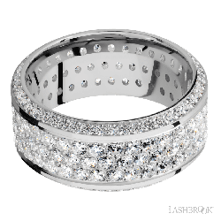 10 mm wide/High Bevel/14K White Gold band with a Bevel Eternity arrangement of .01 carat Round Diamond stones in a Bead setting and featuring a a 3 Row Eternity arrangement of .03 carat Round Diamond stones in a Bead Channel setting