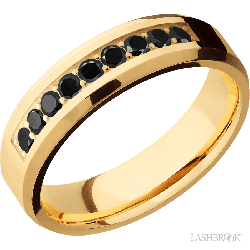 6 mm wide/Beveled/14K Yellow Gold band with an  arrangement of 9, .05 carat Round Black Diamond stones in a Bead Channel setting.