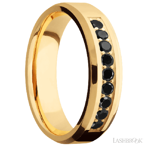 6 mm wide/Beveled/14K Yellow Gold band with an arrangement of 9, .05 carat Round Black Diamond stones in a Bead Channel setting.