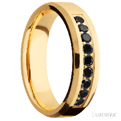 6 mm wide/Beveled/14K Yellow Gold band with an  arrangement of 9, .05 carat Round Black Diamond stones in a Bead Channel setting.