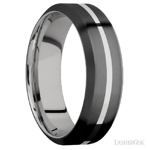 7 mm wide/High Bevel/Zirconium band with one 1 mm Centered inlay of Palladium Silver also featuring a Palladium Silver sleeve.