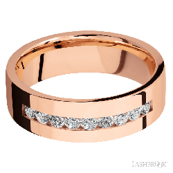 7 mm wide/Flat/14K Rose Gold band with an  arrangement of 9, .05 carat Round Diamond stones in a Channel setting.