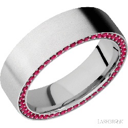 7 mm wide/Flat/14K White Gold band with a Side Eternity arrangement of .01 carat Round Ruby stones in a Bead Channel setting.
