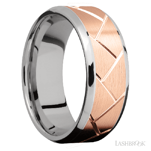 8 mm wide/Beveled/14K White Gold band with one 6 mm Centered inlay of 14K Rose Gold with a machined Flatweave pattern.