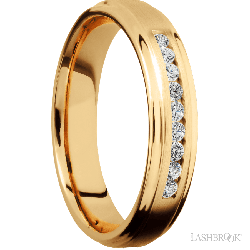 5 mm wide/Flat Grooved Edges/14K Yellow Gold band with an arrangement of 9, .03 carat Round Diamond stones in a Channel setting.