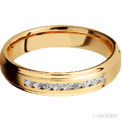 5 mm wide/Flat Grooved Edges/14K Yellow Gold band with an  arrangement of 9, .03 carat Round Diamond stones in a Channel setting.