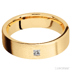 6 mm wide/Flat/14K Yellow Gold band with an  arrangement of 1, .1 carat Princess Diamond stones in a Flush setting.