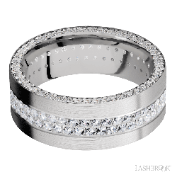 8 mm wide/Flat/14K White Gold band with a Side Eternity arrangement of .01 carat Round Diamond stones in a Bead Channel setting and featuring a a 2 Row Eternity arrangement of .015 carat Round Diamond stones in a Bead Channel setting