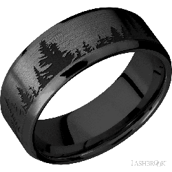 8 mm wide/Beveled/Zirconium band with a laser carved Trees pattern.