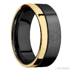 8 mm wide/Flat/Zirconium band with one 2 mm Off Center Edge inlay of 14K Yellow Gold.