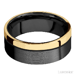 8 mm wide/Flat/Zirconium band with one 2 mm Off Center Edge inlay of 14K Yellow Gold.