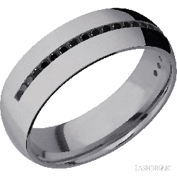 7 mm wide/Domed/Tantalum band with a Half Eternity arrangement of .015 carat Round Black Diamond stones in a Channel setting.