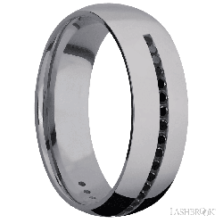 7 mm wide/Domed/Tantalum band with a Half Eternity arrangement of .015 carat Round Black Diamond stones in a Channel setting.