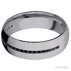 7 mm wide/Domed/Tantalum band with a Half Eternity arrangement of .015 carat Round Black Diamond stones in a Channel setting.