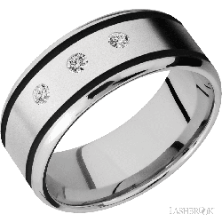 9 mm wide/Beveled/Cobalt Chrome band with  two 1 mm Wide inlays of Black and featuring an  arrangement of 3, .05 carat Round Diamond stones in a Flush setting