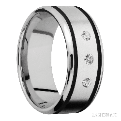 9 mm wide/Beveled/Cobalt Chrome band with  two 1 mm Wide inlays of Black and featuring an  arrangement of 3, .05 carat Round Diamond stones in a Flush setting