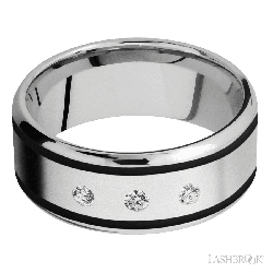 9 mm wide/Beveled/Cobalt Chrome band with  two 1 mm Wide inlays of Black and featuring an  arrangement of 3, .05 carat Round Diamond stones in a Flush setting