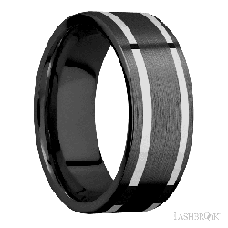8 mm wide/Flat/Zirconium band with two 1 mm Wide inlays of 14K White Gold.