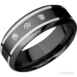 8 mm wide/High Bevel/Zirconium band with  two 1 mm Wide inlays of 14K White Gold and featuring an  arrangement of 3, .05 carat Round Diamond (ST) stones in a Flush setting