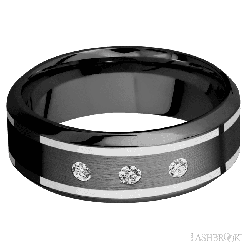 8 mm wide/High Bevel/Zirconium band with  two 1 mm Wide inlays of 14K White Gold and featuring an  arrangement of 3, .05 carat Round Diamond (ST) stones in a Flush setting
